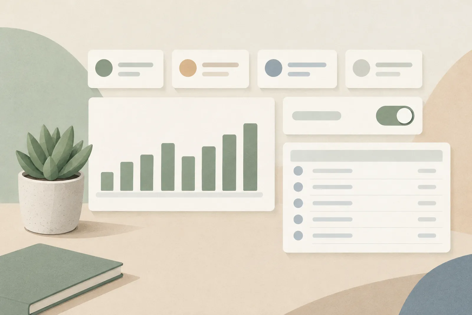 Abstract dashboard cards, a bar chart and a toggle on a soft desk
