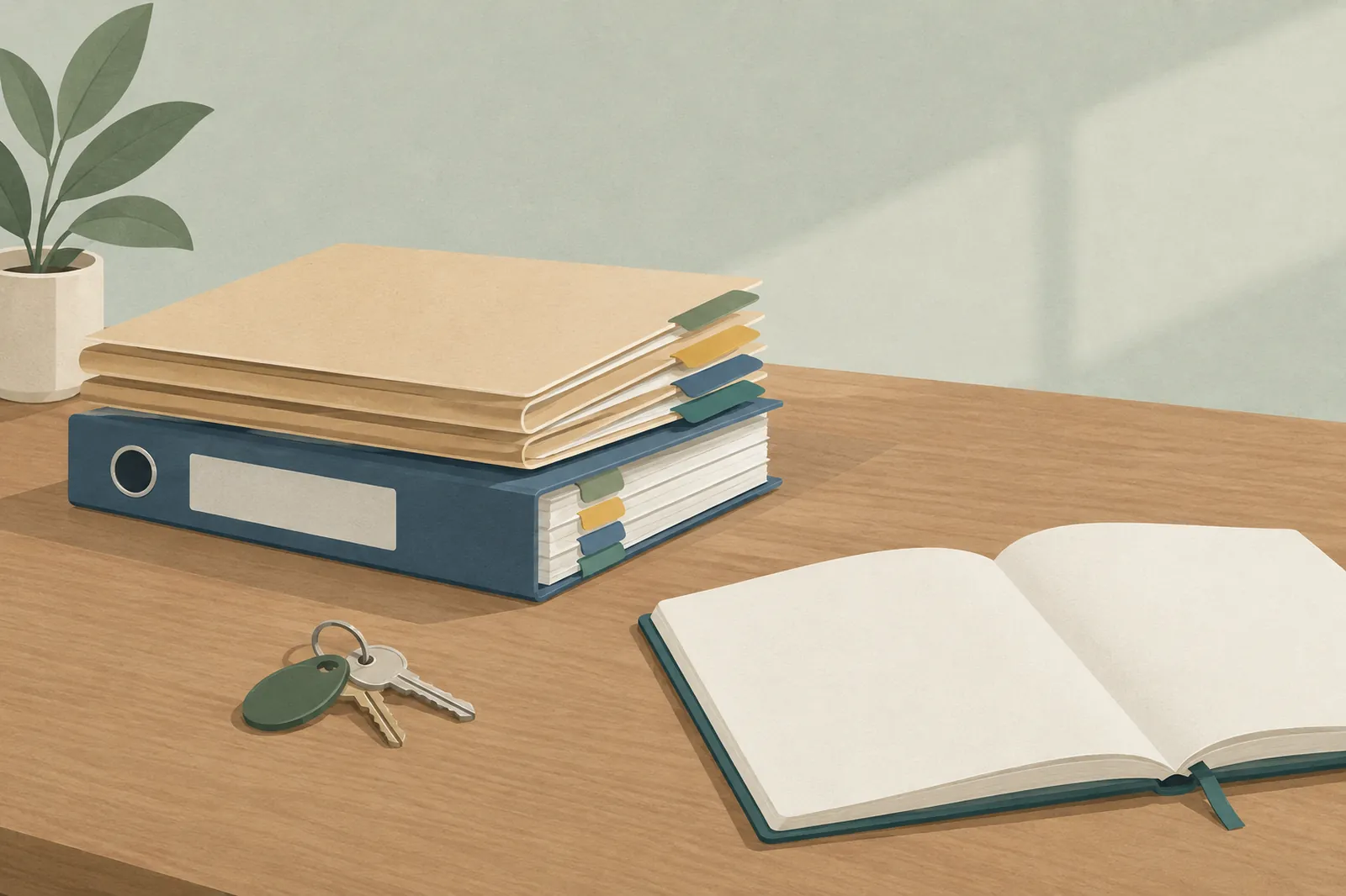 A stack of folders and a binder with tabs next to an open notebook and keys