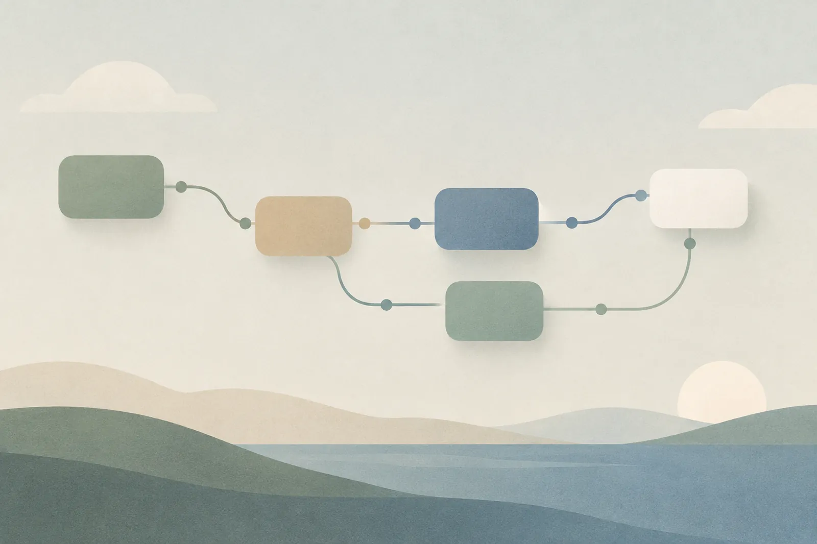 Rounded blocks connected by lines above a quiet landscape