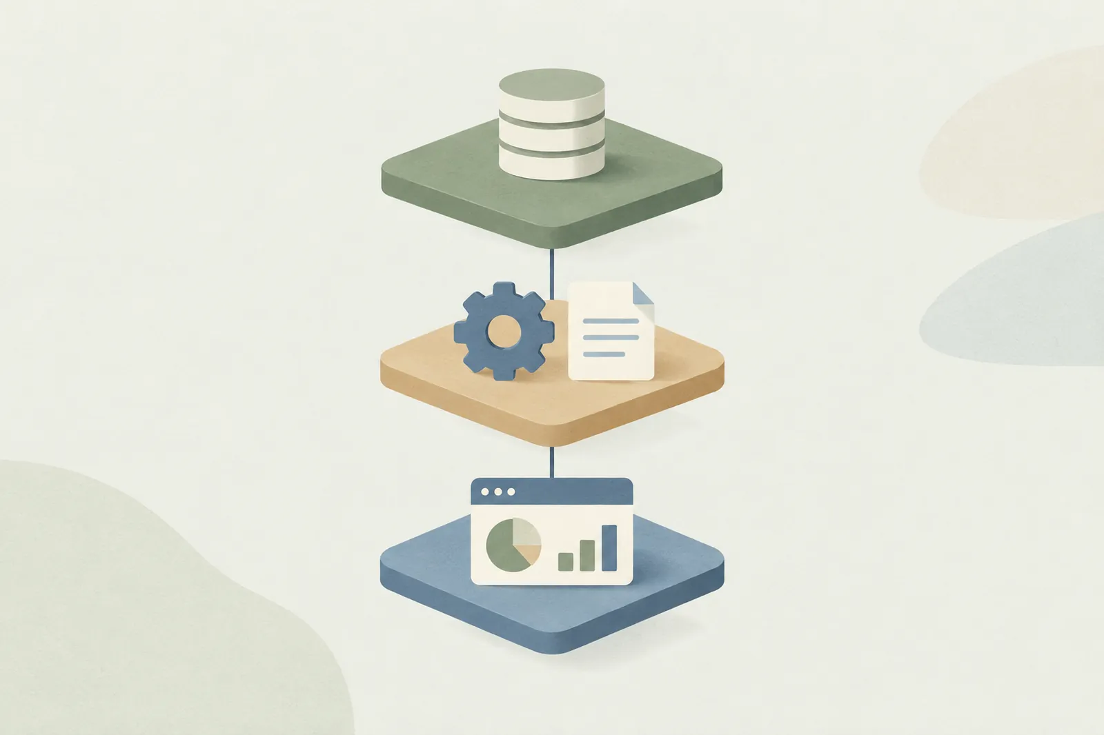 Three stacked platforms holding a database, a gear with a document, and a chart