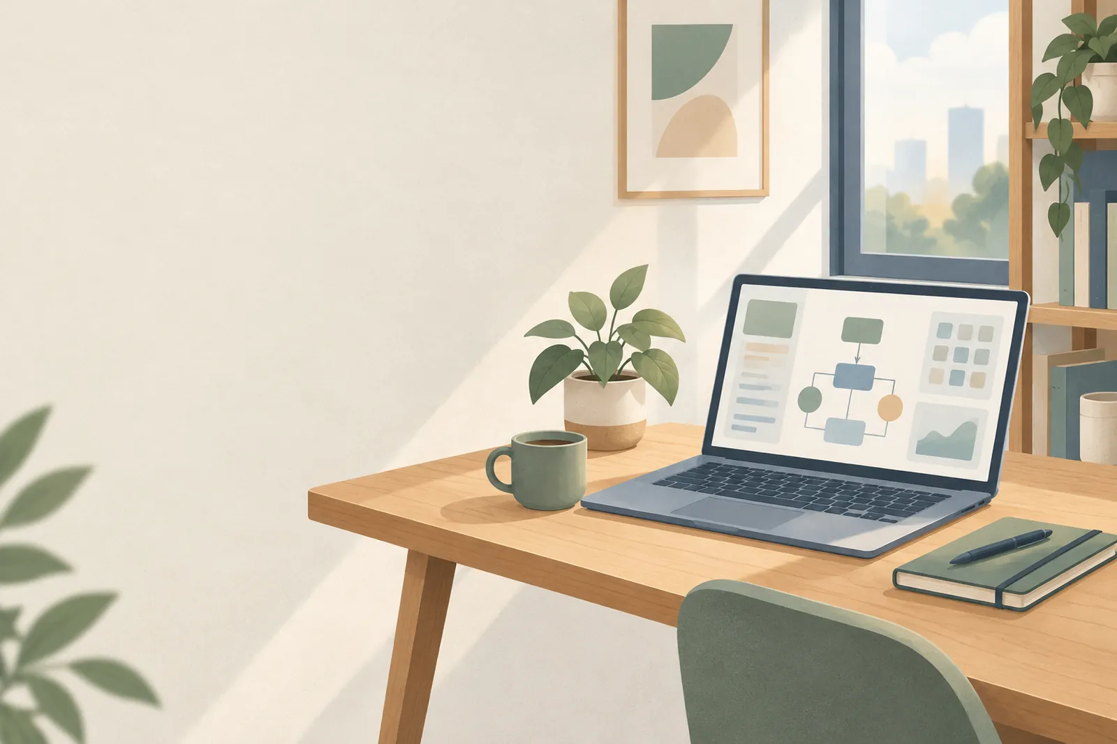 A tidy studio desk with a laptop showing a simple flow diagram