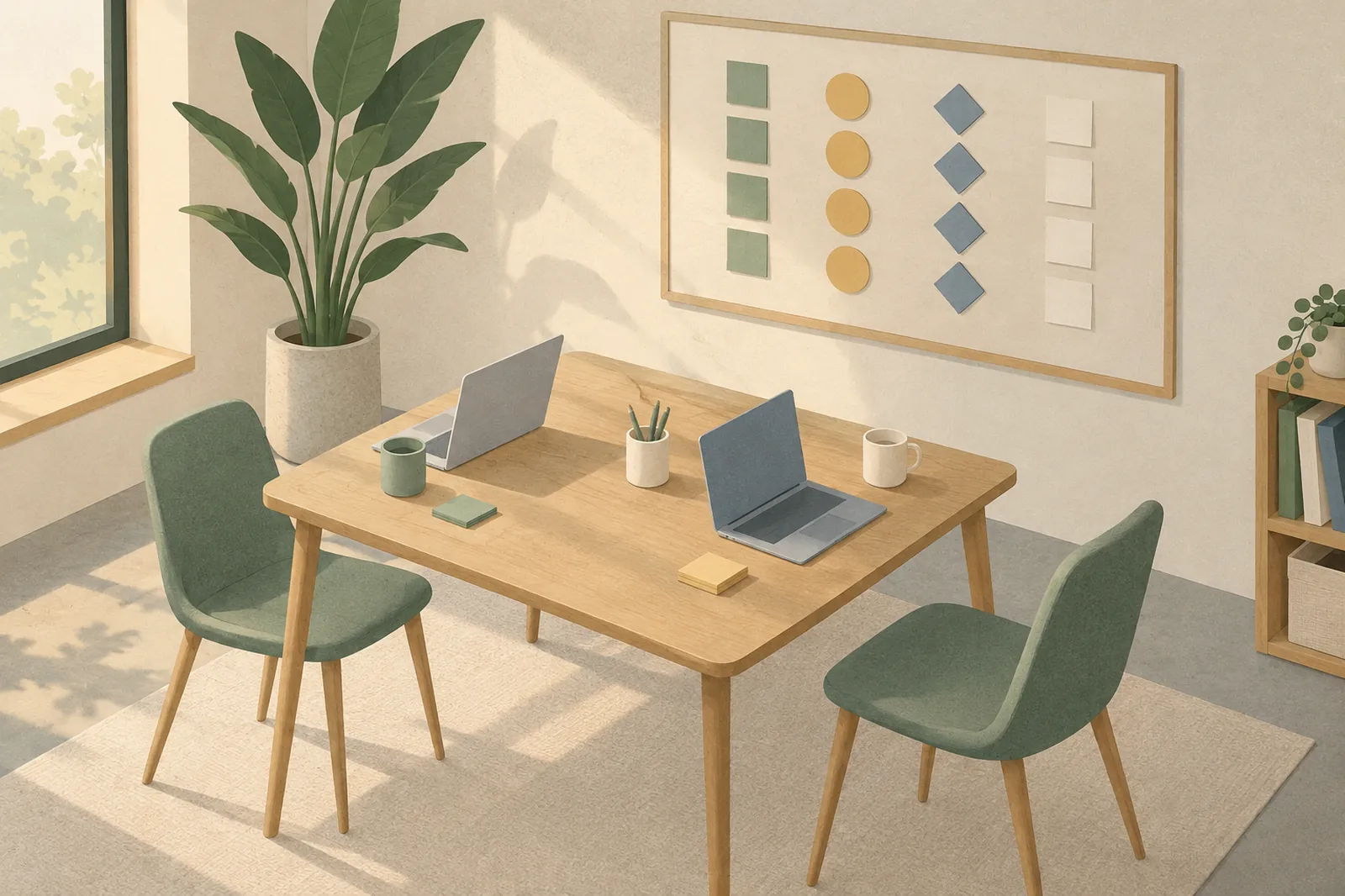 A shared table with two laptops and a planning board on the wall